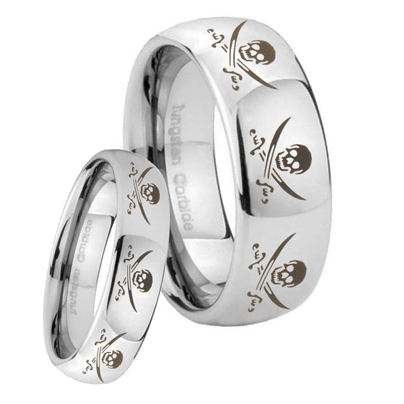 His Hers Multiple Skull Pirate Mirror Dome Tungsten Men's Engagement Band Set