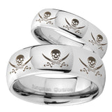 His Hers Multiple Skull Pirate Mirror Dome Tungsten Men's Engagement Band Set