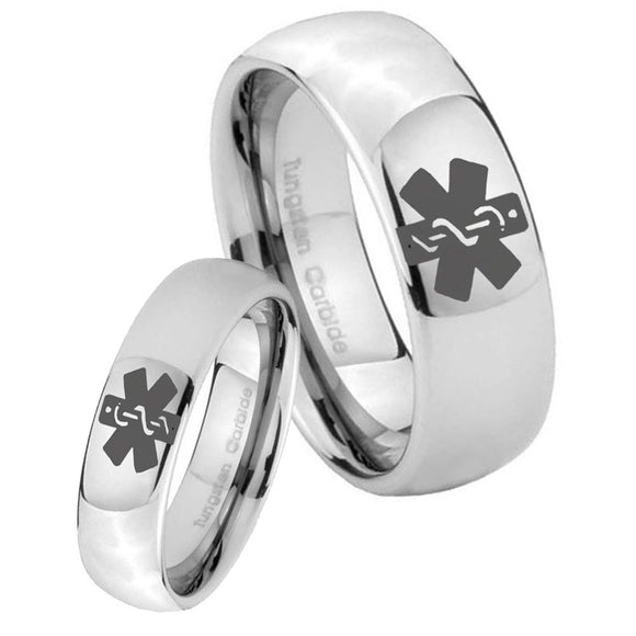 Bride and Groom Medical Alert Mirror Dome Tungsten Custom Ring for Men Set
