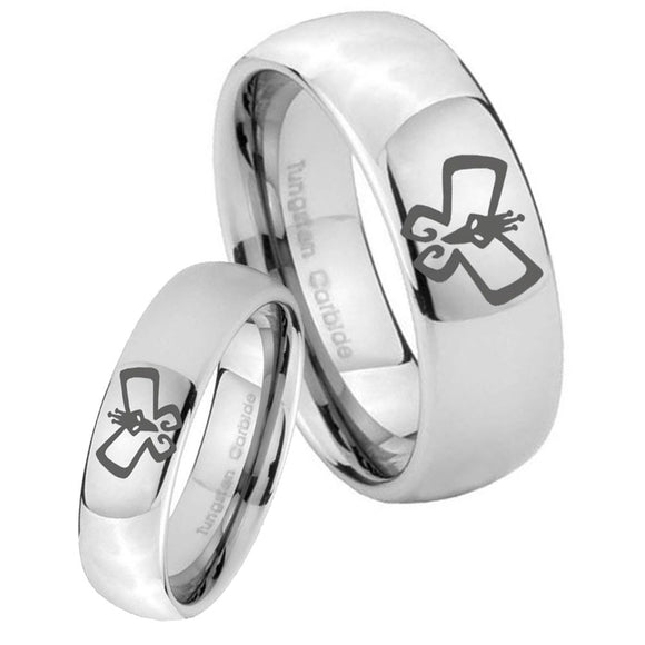 Bride and Groom Monarch Mirror Dome Tungsten Carbide Engraved Ring Set