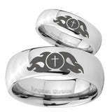 Bride and Groom Flamed Cross Mirror Dome Tungsten Mens Engagement Ring Set