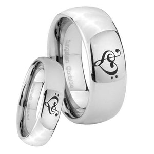 Bride and Groom Music & Heart Mirror Dome Tungsten Carbide Mens Wedding Ring Set