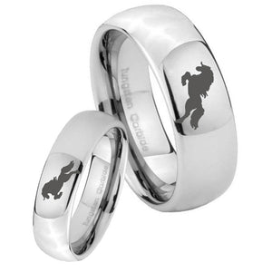 Bride and Groom Horse Mirror Dome Tungsten Carbide Mens Ring Set