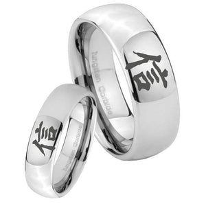 Bride and Groom Kanji Faith Mirror Dome Tungsten Carbide Men's Wedding Band Set