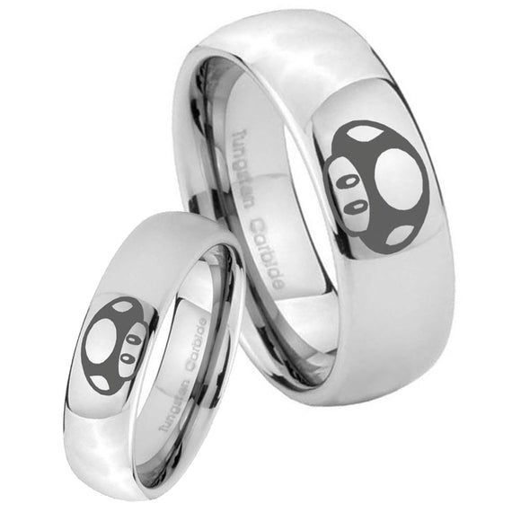 Bride and Groom Mario Mushroom Mirror Dome Tungsten Wedding Band Ring Set