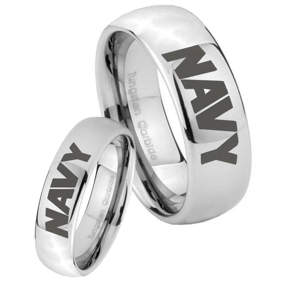 Bride and Groom Navy Mirror Dome Tungsten Carbide Custom Ring for Men Set