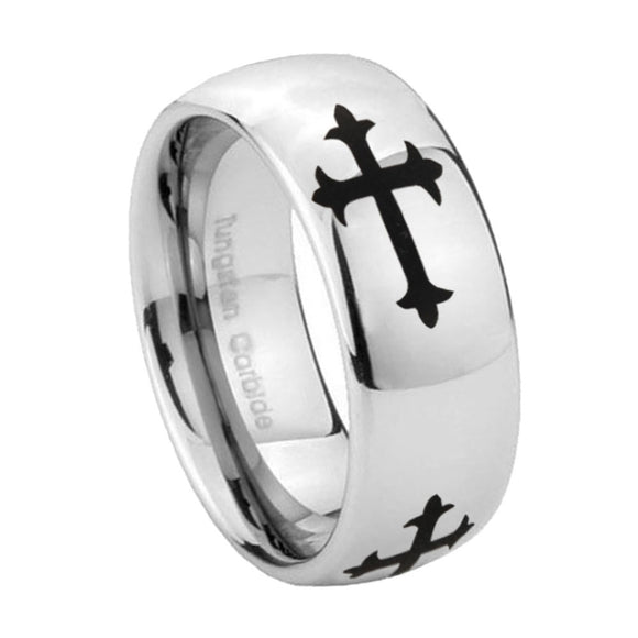 8mm Christian Cross Religious Mirror Dome Tungsten Carbide Engagement Ring