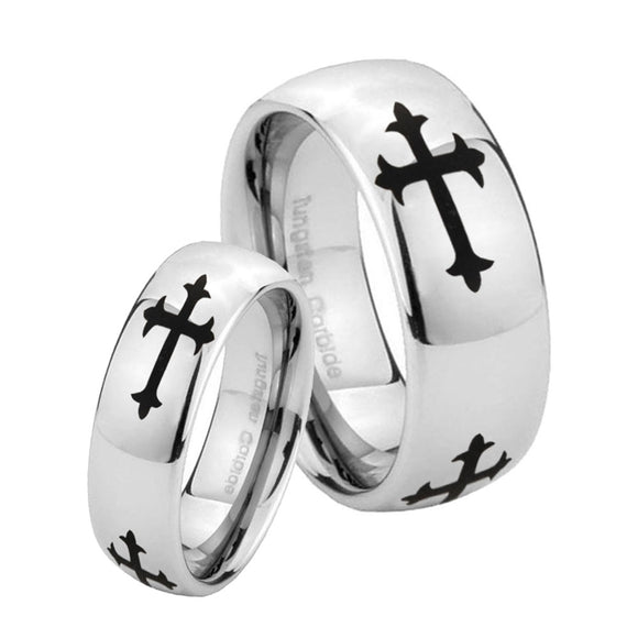 His and Hers Christian Cross Religious Mirror Dome Tungsten Mens Ring Personalized Set