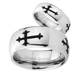 His and Hers Christian Cross Religious Mirror Dome Tungsten Mens Ring Personalized Set