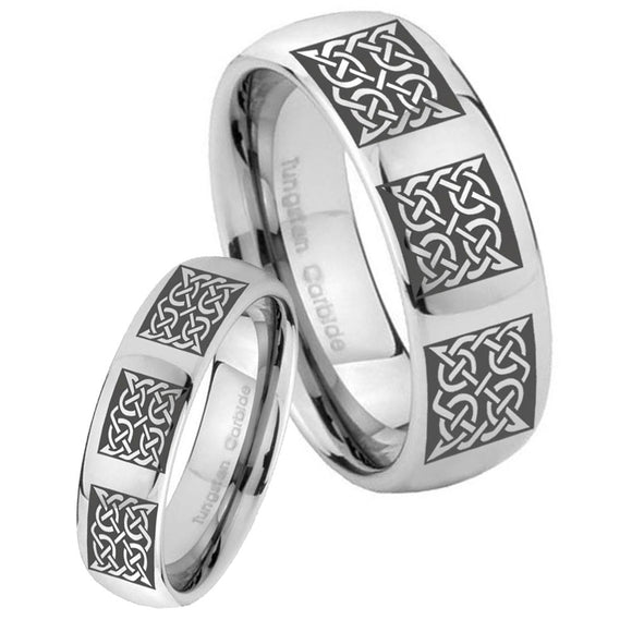 His and Hers Multiple Celtic Mirror Dome Tungsten Wedding Engraving Ring Set