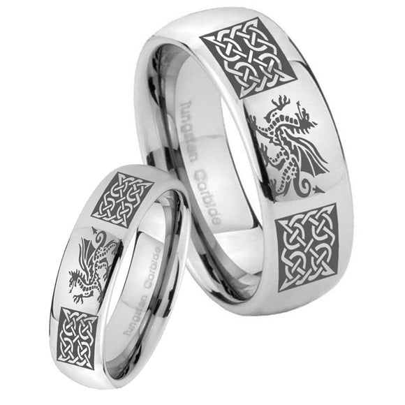 His Hers Multiple Dragon Celtic Mirror Dome Tungsten Men's Engagement Band Set
