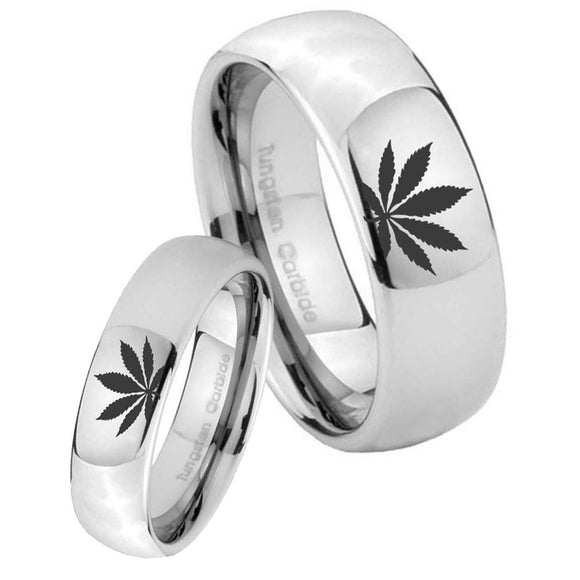Bride and Groom Marijuana Leaf Mirror Dome Tungsten Wedding Band Ring Set