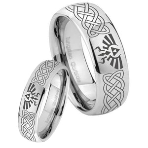 Bride and Groom Celtic Zelda Mirror Dome Tungsten Carbide Wedding Bands Ring Set