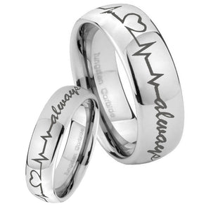 His Hers Heart Beat forever Heart always Mirror Dome Tungsten Engraving Ring Set