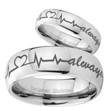 His Hers Heart Beat forever Heart always Mirror Dome Tungsten Engraving Ring Set