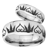 Bride and Groom Hearts and Crowns Mirror Dome Tungsten Custom Mens Ring Set