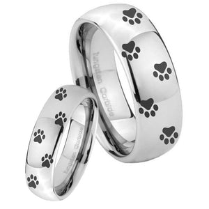 Bride and Groom Paw Print Mirror Dome Tungsten Carbide Men's Wedding Ring Set