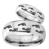 Bride and Groom Foot Print Mirror Dome Tungsten Carbide Promise Ring Set