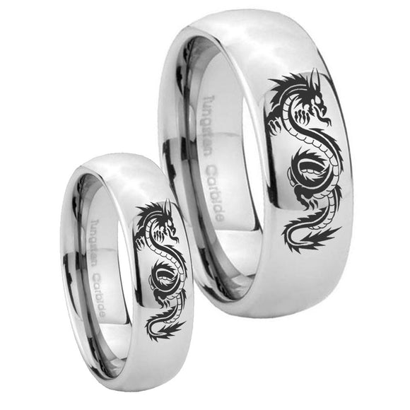 Bride and Groom Dragon Mirror Dome Tungsten Carbide Wedding Bands Ring Set