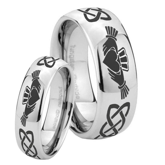 Bride and Groom Irish Claddagh Mirror Dome Tungsten Carbide Personalized Ring Set