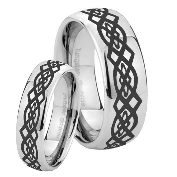 Bride and Groom Celtic Knot Mirror Dome Tungsten Mens Engagement Ring Set