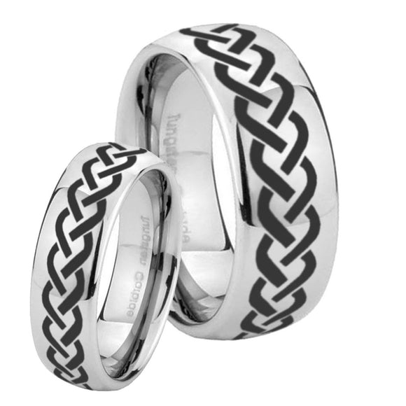 His and Hers Laser Celtic Knot Mirror Dome Tungsten Mens Ring Personalized Set