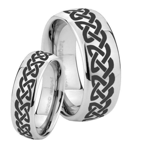 His and Hers Celtic Knot Love Mirror Dome Tungsten Mens Ring Personalized Set