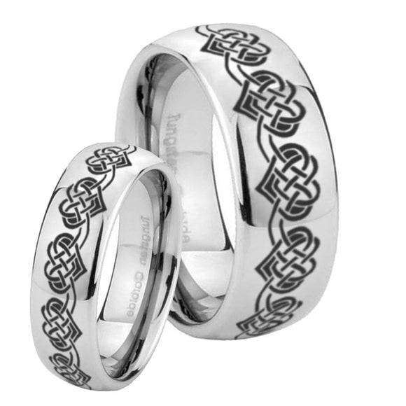 His and Hers Celtic Knot Heart Mirror Dome Tungsten Mens Ring Personalized Set