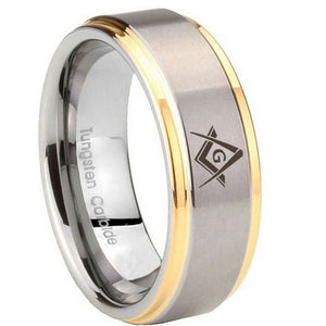 10mm Freemason Masonic Step Edges Gold 2 Tone Tungsten Men's Promise Rings