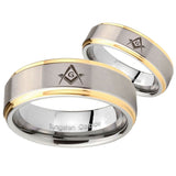 His Hers Freemason Masonic Step Edges Gold 2 Tone Tungsten Men's Ring Set
