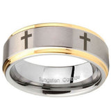 10mm Crosses Step Edges Gold 2 Tone Tungsten Carbide Mens Ring