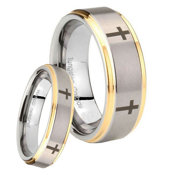 Bride and Groom Crosses Step Edges Gold 2 Tone Tungsten Mens Promise Ring Set