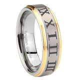 8mm Roman Numeral Step Edges Gold 2 Tone Tungsten Wedding Engagement Ring