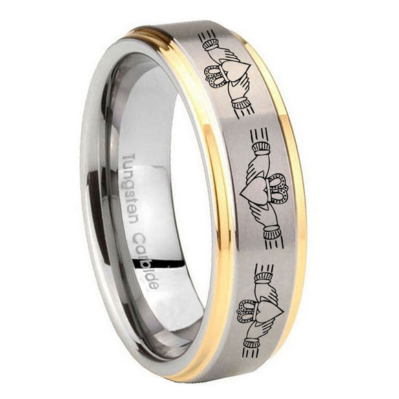 8mm Irish Claddagh Step Edges Gold 2 Tone Tungsten Wedding Engraving Ring