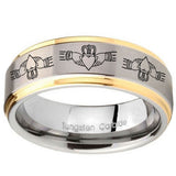 10mm Irish Claddagh Step Edges Gold 2 Tone Tungsten Wedding Engagement Ring