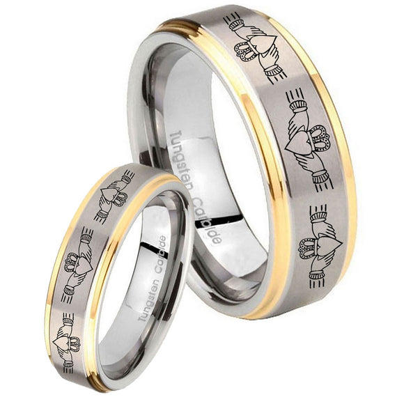 His Hers Irish Claddagh Step Edges Gold 2 Tone Tungsten Wedding Band Ring Set