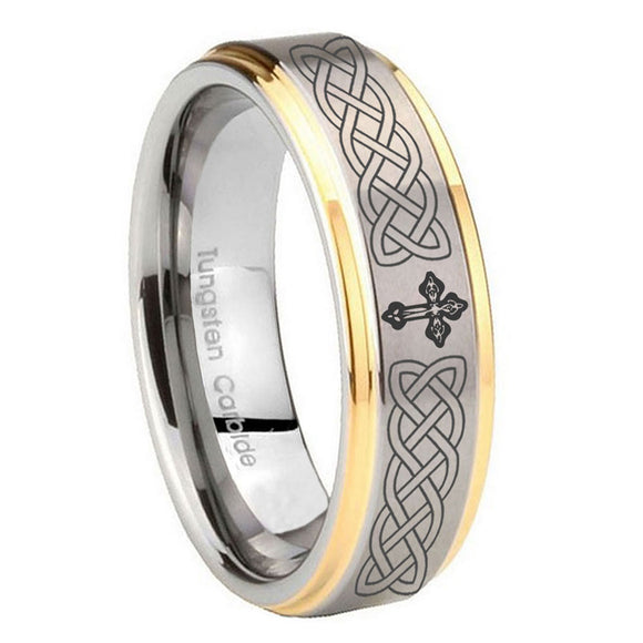 10mm Celtic Cross Step Edges Gold 2 Tone Tungsten Wedding Engraving Ring