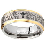 10mm Celtic Cross Step Edges Gold 2 Tone Tungsten Wedding Engraving Ring