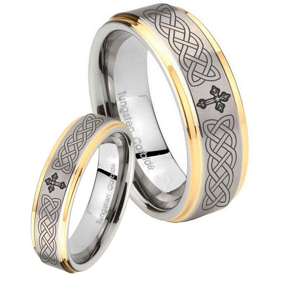 His Hers Celtic Cross Step Edges Gold 2 Tone Tungsten Wedding Bands Ring Set