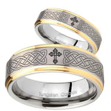 His Hers Celtic Cross Step Edges Gold 2 Tone Tungsten Wedding Bands Ring Set