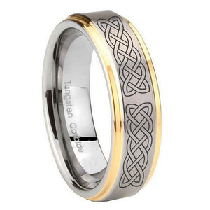 10mm Celtic Knot Step Edges Gold 2 Tone Tungsten Carbide Anniversary Ring