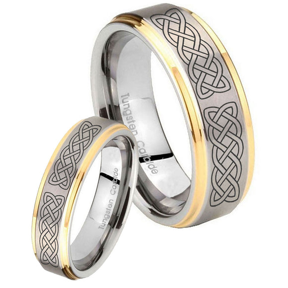 His Hers Celtic Knot Step Edges Gold 2 Tone Tungsten Wedding Engagement Ring Set
