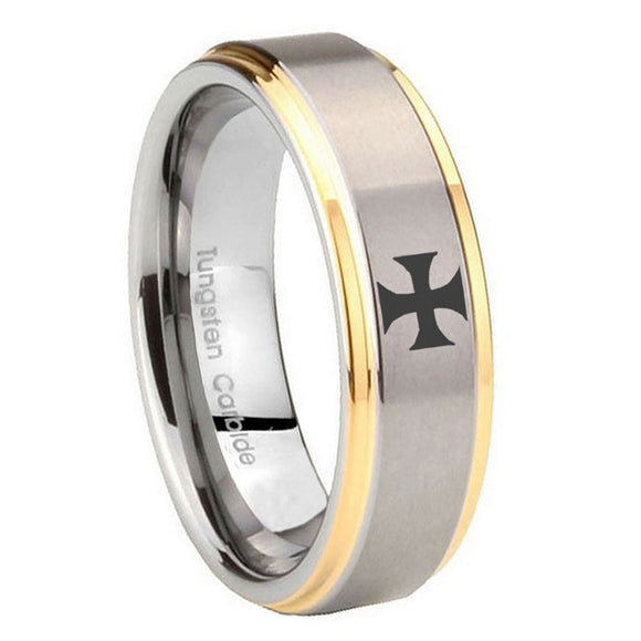 10mm Maltese Cross Step Edges Gold 2 Tone Tungsten Carbide Custom Mens Ring