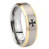 8mm Maltese Cross Step Edges Gold 2 Tone Tungsten Carbide Custom Ring for Men