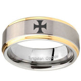 10mm Maltese Cross Step Edges Gold 2 Tone Tungsten Carbide Custom Mens Ring