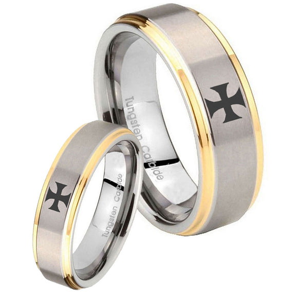 His Hers Maltese Cross Step Edges Gold 2 Tone Tungsten Anniversary Ring Set