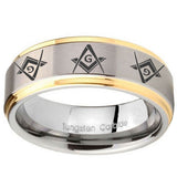 8mm Master Mason Masonic  Step Edges Gold 2 Tone Tungsten Engagement Ring