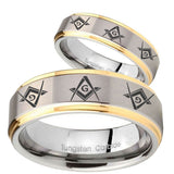 His Hers Master Mason Masonic  Step Edges Gold 2 Tone Tungsten Bands Ring Set