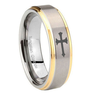 10mm Christian Cross Step Edges Gold 2 Tone Tungsten Carbide Engagement Ring