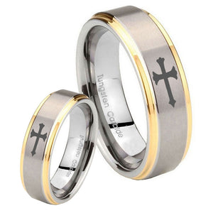His Hers Christian Cross Step Edges Gold 2 Tone Tungsten Custom Mens Ring Set